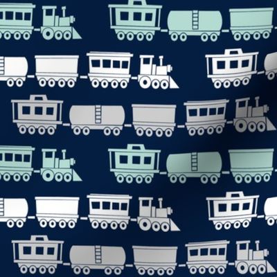 trains on navy - modern train fabric