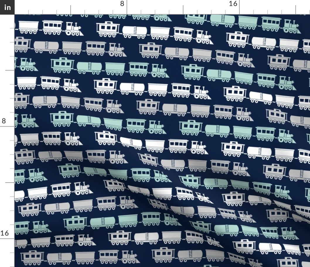 trains on navy - modern train fabric