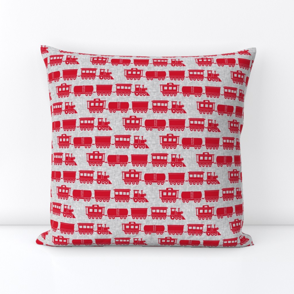 trains - red on grey linen - nursery train fabric