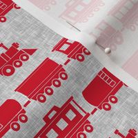 trains - red on grey linen - nursery train fabric