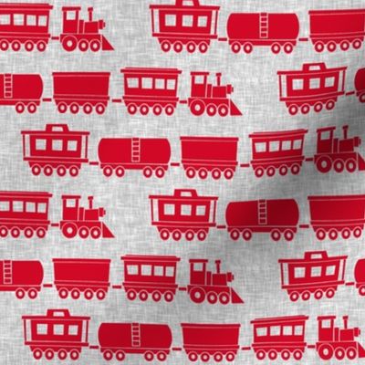 trains - red on grey linen - nursery train fabric