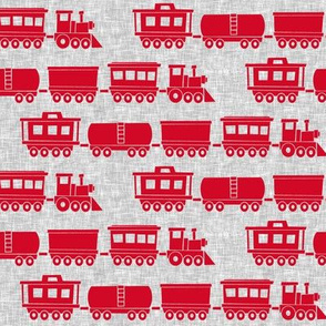 trains - red on grey linen - nursery train fabric