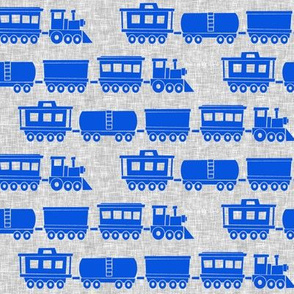 trains - blue on linen