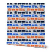 multi trains - blue &  orange on grey linen