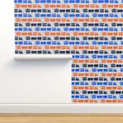 multi trains - blue &  orange on grey linen