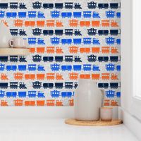 multi trains - blue &  orange on grey linen