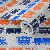 multi trains - blue &  orange on grey linen