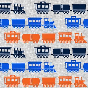 multi trains - blue &  orange on grey linen