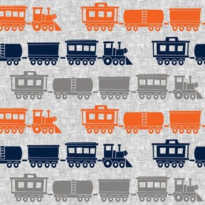 multi trains - grey, navy, orange on grey linen