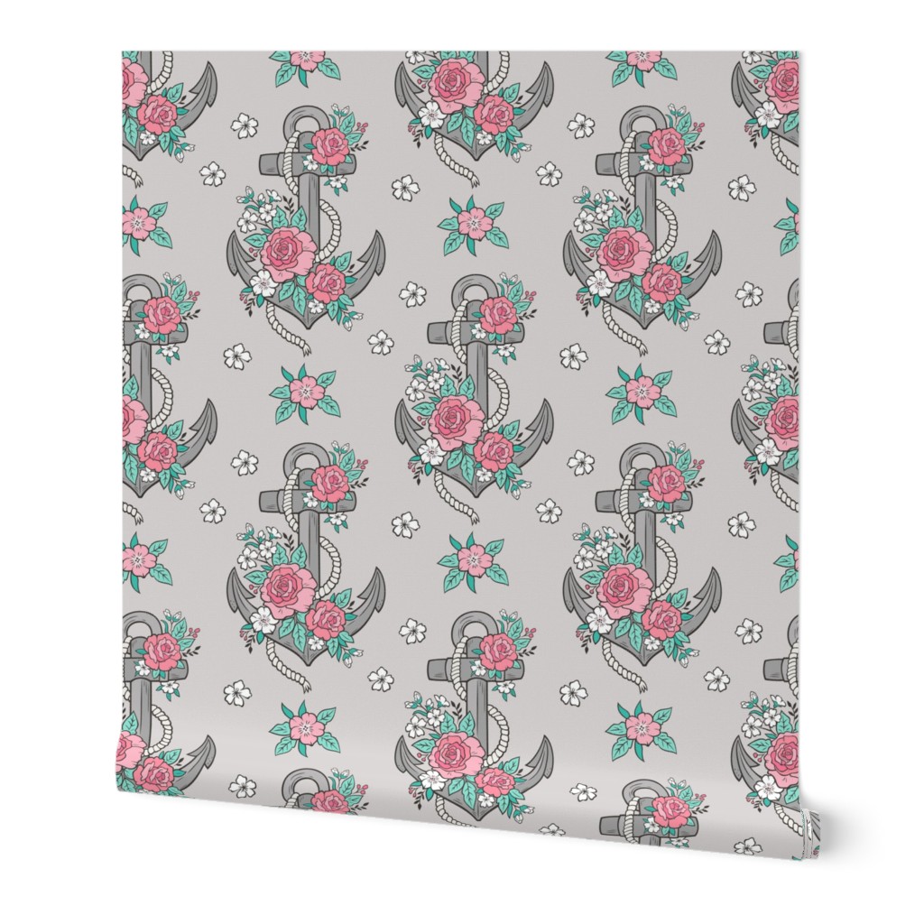 Anchor Nautical & Vintage Boho Roses Flowers on Light Grey