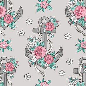 Anchor Nautical & Vintage Boho Roses Flowers on Light Grey