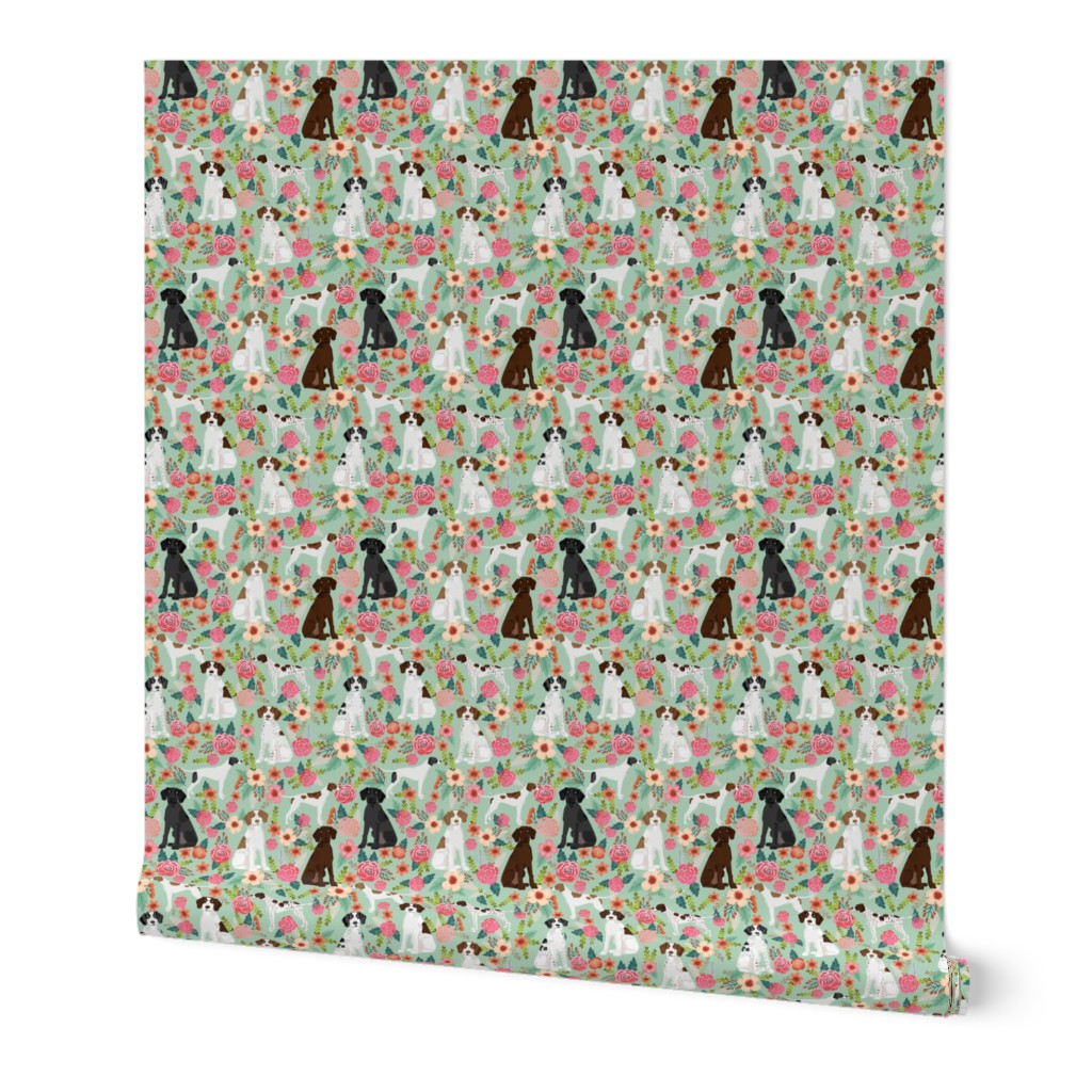 english pointer florals fabric - pointer dog design - mint