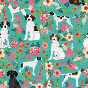 english pointer florals fabric - pointer dog design - turq