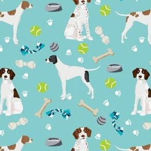 english pointer dog fabric - dogs and toys design - blue
