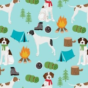 english pointer dog fabric - dogs and camping outdoors summer design - light blue