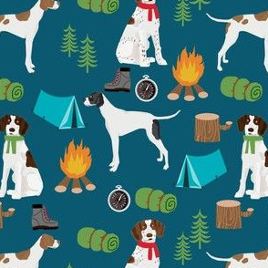 english pointer dog fabric - dogs and camping outdoors summer design - dark blue