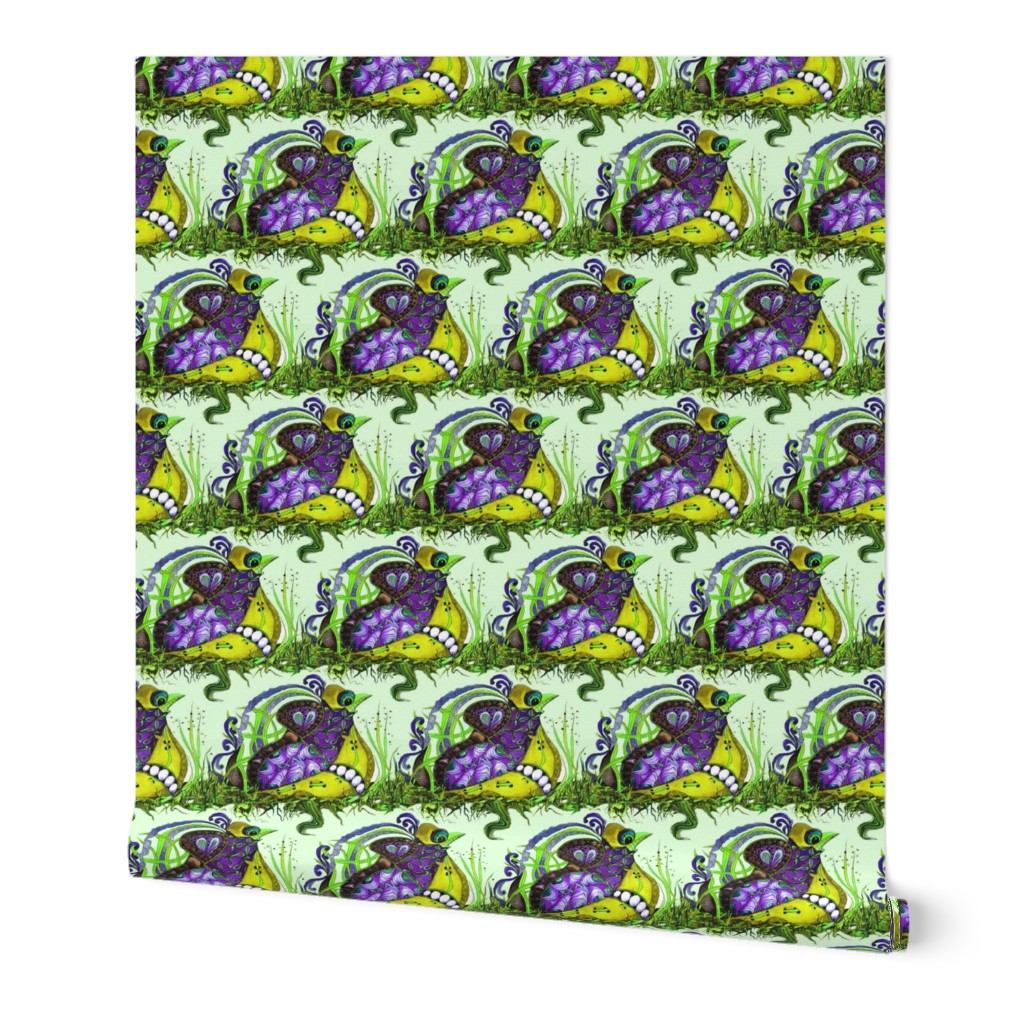 Medium - Fantastical Quail on Nest in Lime, Purple and Olive Green