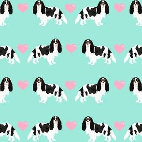 cavalier king charles spaniel tricolored love hearts dog breed fabric turquoise