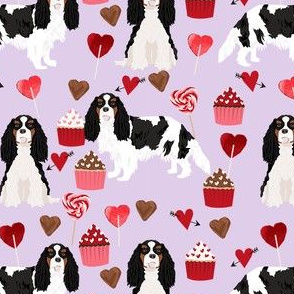 cavalier king charles spaniel tricolored valentines cupcakes love hearts dog breed fabric  purple