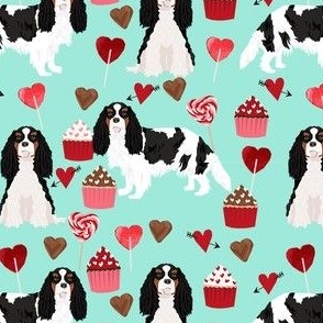 cavalier king charles spaniel tricolored valentines cupcakes love hearts dog breed fabric  turquoise