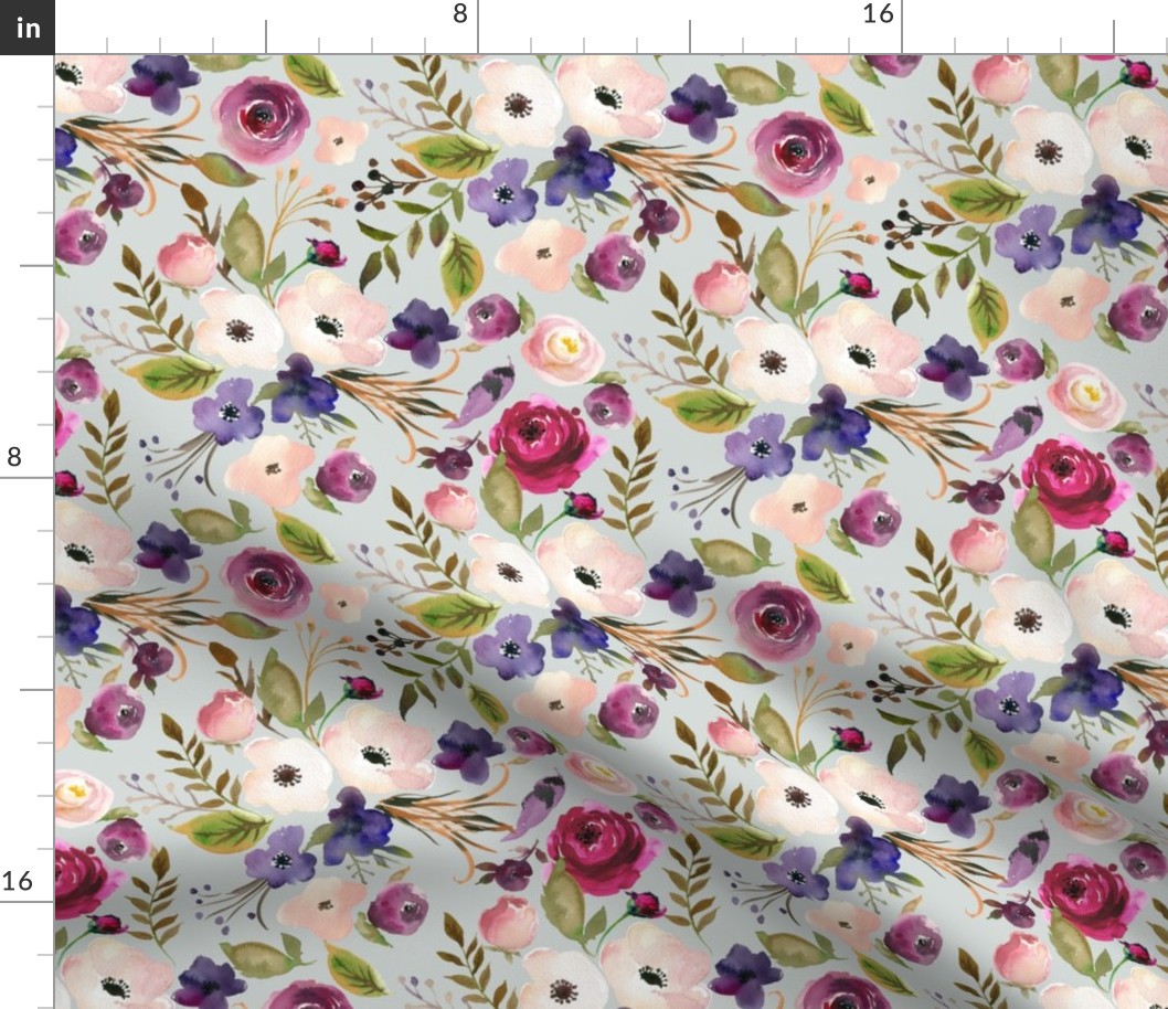 Floral - Plum Purple & Blush Flowers (frost gray) Garden Blooms Baby Girl Nursery