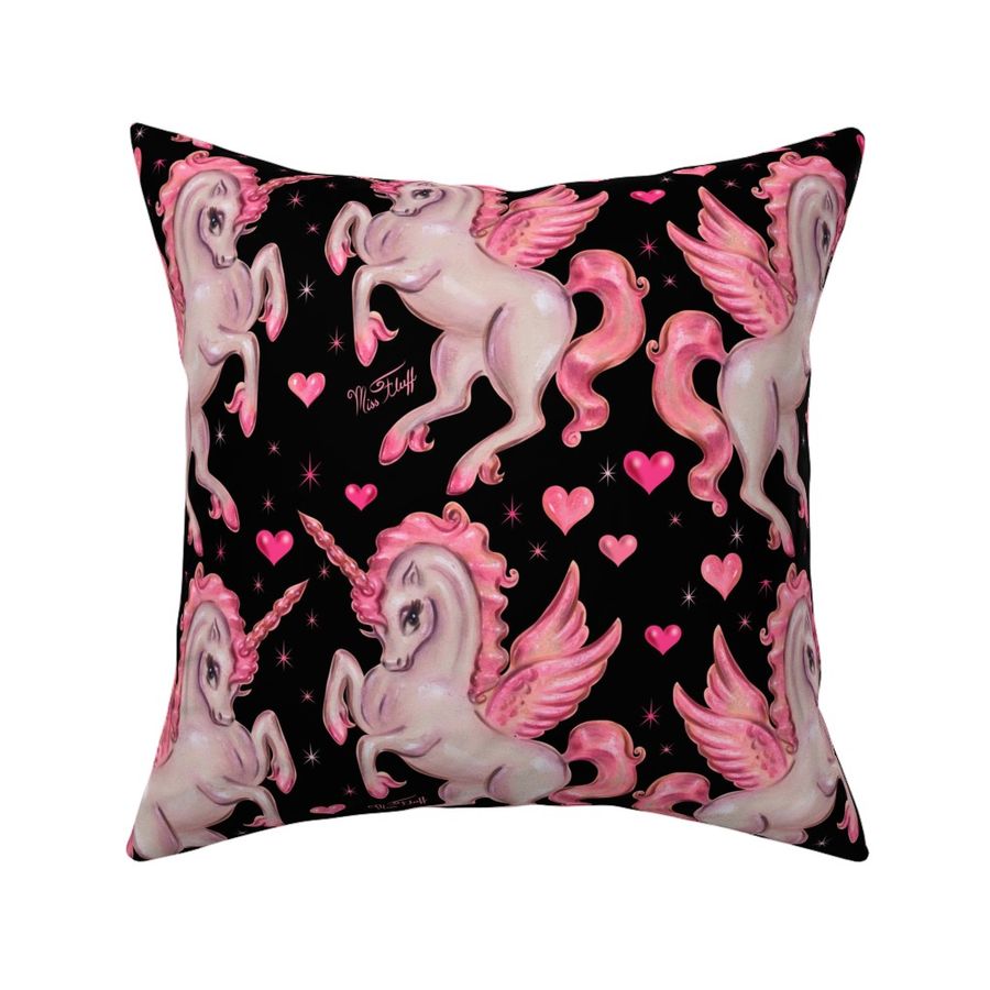 Medium By Miss Fluff Unicorns Fabric Unicorn Pegasus On Black Unicorns Pink Black Fantasy Cotton Fabric By The Yard With Spoonflower