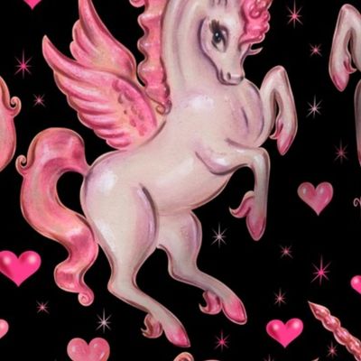 Medium By Miss Fluff Unicorns Fabric Unicorn Pegasus On Black Unicorns Pink Black Fantasy Cotton Fabric By The Yard With Spoonflower