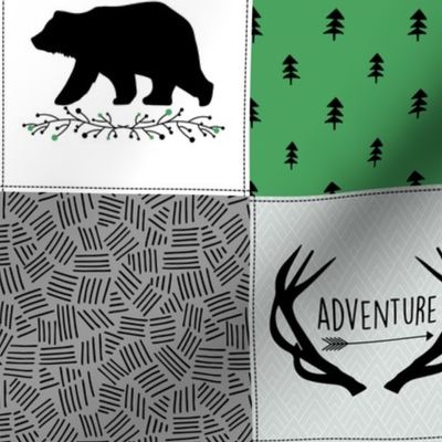 4 1/2" Woodland Adventure Plaid Patchwork - Kelly Green / Black, Gray Cheater Quilt Blanket, GL-KB