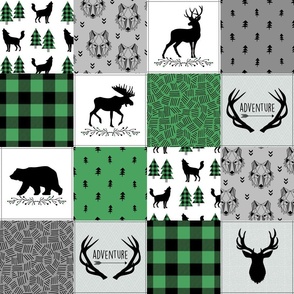 4 1/2" Woodland Adventure Plaid Patchwork - Kelly Green / Black, Gray Cheater Quilt Blanket, GL-KB