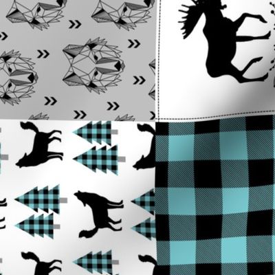 4 1/2" Woodland Dream Plaid Patchwork - Blue / Black, Gray Cheater Quilt Blanket, GL-BB, rotated