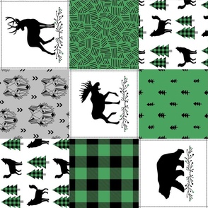 Woodland Adventure Plaid Patchwork - Kelly Green / Black, Gray Cheater Quilt Blanket, GL-KB, rotated
