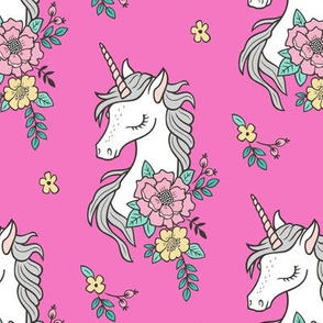 Dreamy Unicorn & Vintage Boho Flowers on Dark Pink
