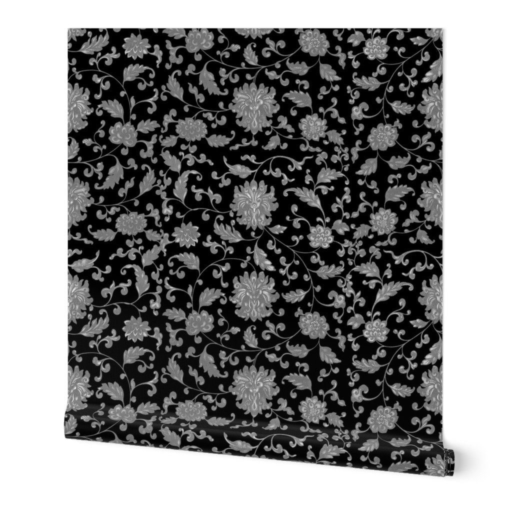 Keeping Mum Damask ~  Silver on Black  