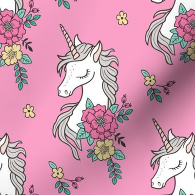 Dreamy Unicorn & Vintage Boho Flowers on Medium Pink