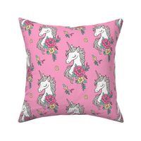 Dreamy Unicorn & Vintage Boho Flowers on Medium Pink