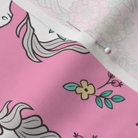 Dreamy Unicorn & Vintage Boho Flowers on Medium Pink