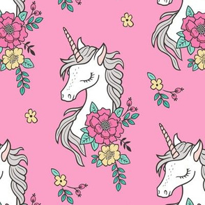 Dreamy Unicorn & Vintage Boho Flowers on Medium Pink