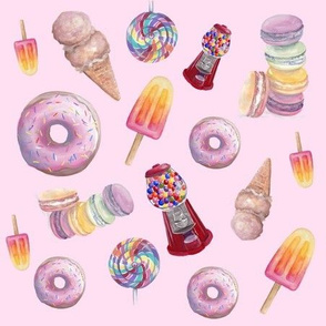 Sweets fabric pale pink Lollipops, donuts, popsicle, macaroons