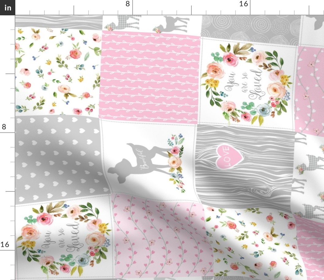 Fawn Cheater Quilt Blanket – You Are So Loved – Gray Pink Deer Baby Girl Patchwork GL-D rotated