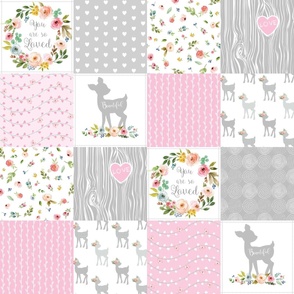 Fawn Cheater Quilt Blanket – You Are So Loved – Gray Pink Deer Baby Girl Patchwork GL-D