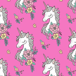 Dreamy Unicorn & Vintage Boho Flowers on Dark Pink Smaller