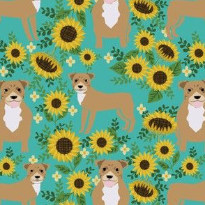 pitbull sunflowers fabric - cute pitbulls and summer florals design - turquoise