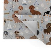 Doxie Coastal fabric - dogs at the coast, summer, sand dollar, beach design - grey