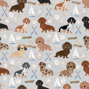 Doxie Coastal fabric - dogs at the coast, summer, sand dollar, beach design - grey