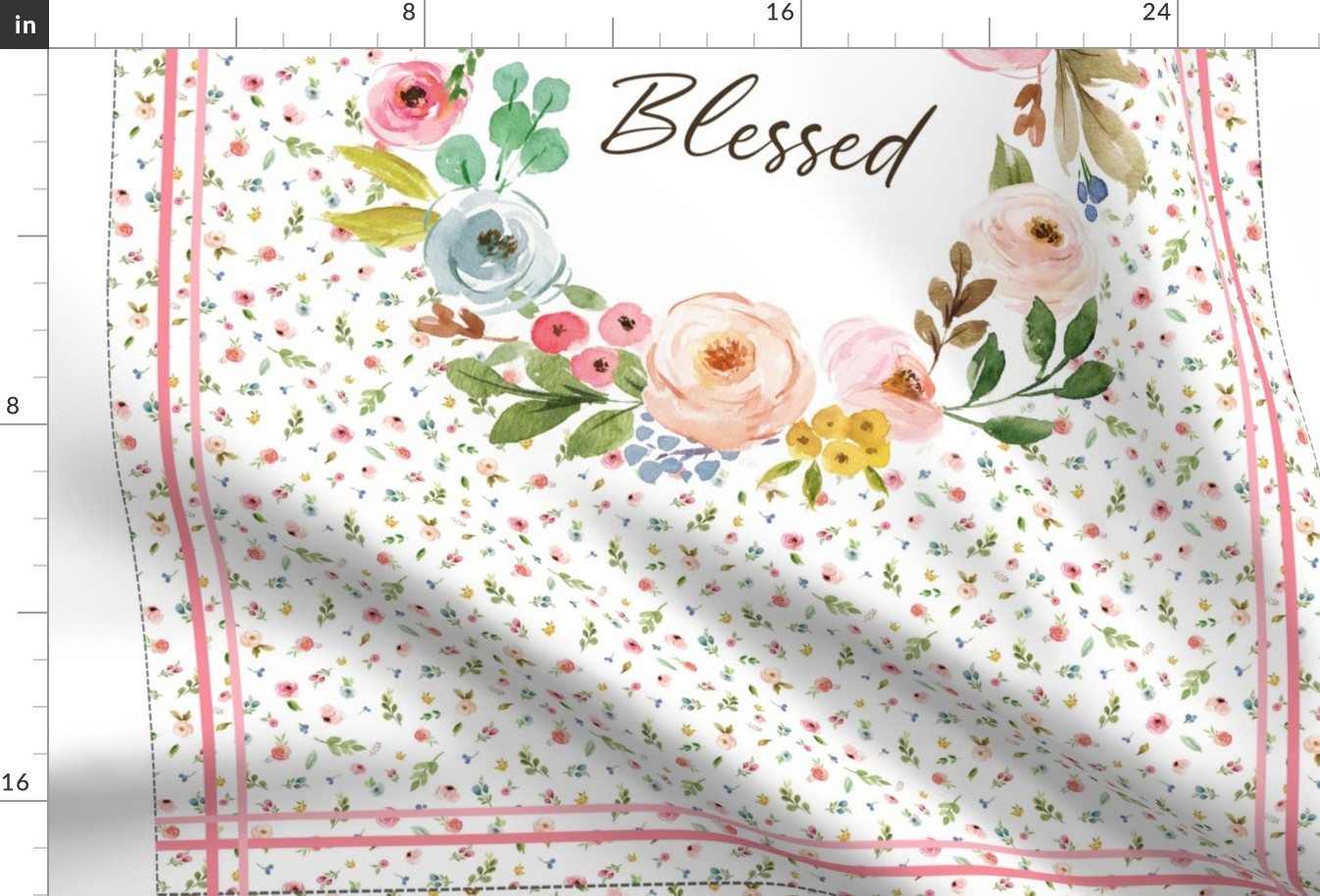 54” x 36” MINKY Blessed Floral Wreath Panel- Woodland Pink Blush Peach Blue Flowers, FABRIC MUST be 54” or WIDER, Two 24” x 36” panels per yard