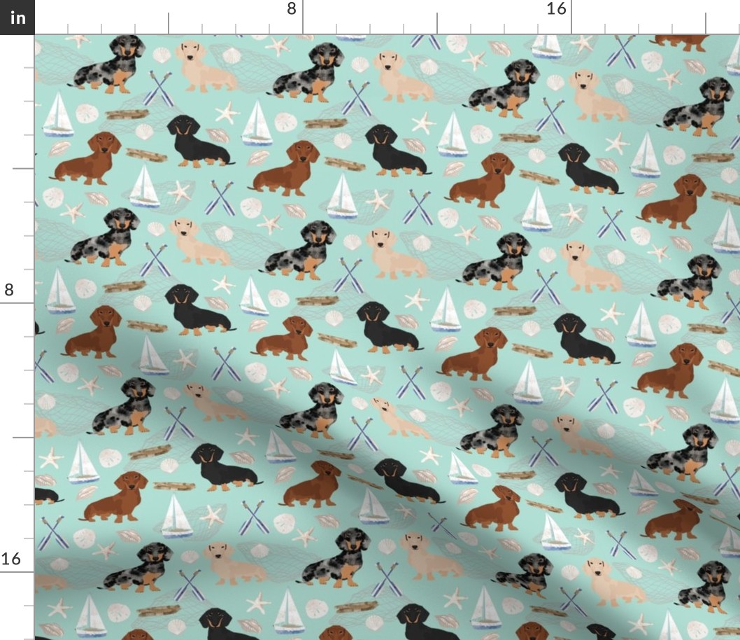 Doxie Coastal fabric - dogs at the coast, summer, sand dollar, beach design - mint