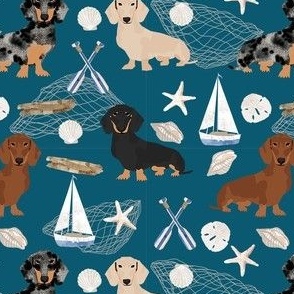 Doxie Coastal fabric - dogs at the coast, summer, sand dollar, beach design - blue