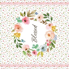 54” x 36” MINKY Blessed Floral Wreath Panel- Woodland Pink Blush Peach Blue Flowers, FABRIC REQUIRED IS 54” or WIDER