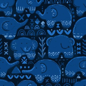 African elephants. Dark blue pattern.