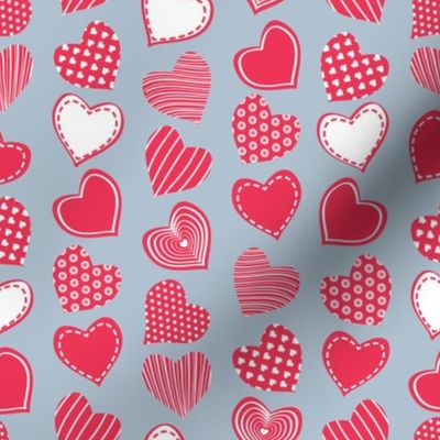 Valentines joy // blue grey background red hearts